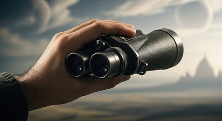 Hand holding binoculars, searching the horizon for new discoveries and future possibilities.
