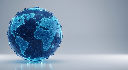 A glowing, blue, digital globe representation with continents outlined, connected by a network of lines and nodes, against a blurred, light grey background.