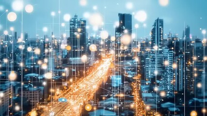 Futuristic cityscape with glowing network connections at night. - Powered by Adobe