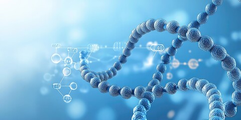 DNA-like strand with abstract connectors on blue background