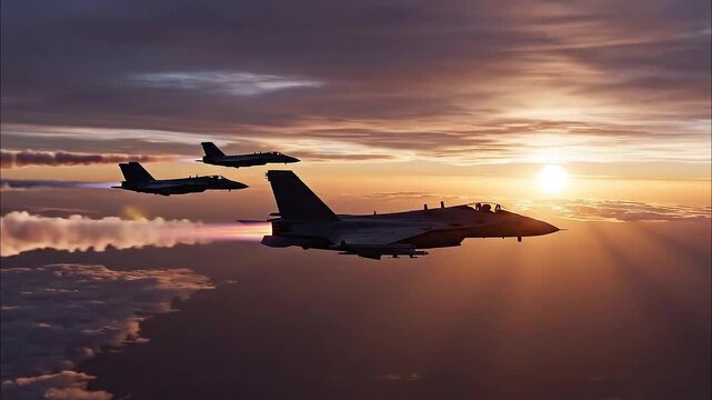 Three fighter jets fly in formation against a vibrant sunset sky backdrop