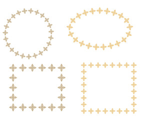 Collection of four ornate golden decorative frames, including circular, oval, and square shapes, isolated on transparent background