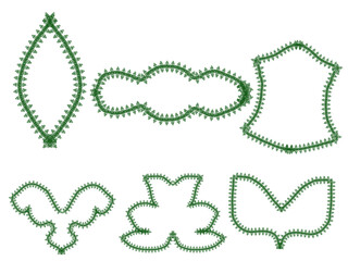 Collection of six unique green leafy border and frame shapes, including oval, cloud, shield, and abstract forms, isolated on transparent background