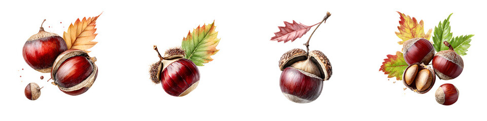 Watercolor Chestnuts and Leaves Collection Isolated on White