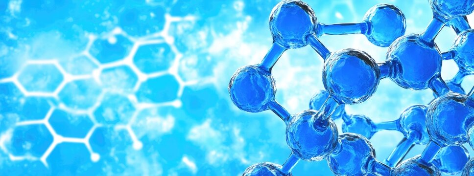 Blue molecule structure with hexagonal background pattern - Powered by Adobe