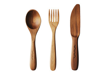Wooden cutlery set with carved design isolated on a transparent background