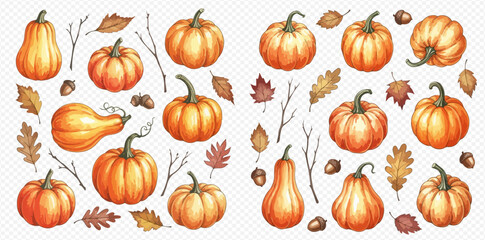 Watercolor illustration featuring an assortment of pumpkins, leaves, acorns, and twigs, creating a festive autumn or harvest-themed design.