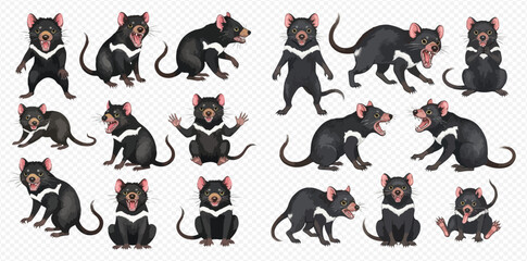 A collection of cartoon Tasmanian devils in various poses and expressions.
