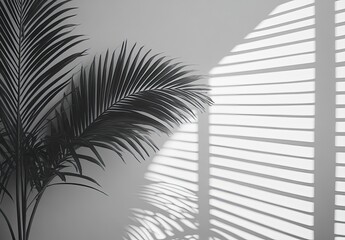 Palm fronds cast shadows from window blinds on a white wall