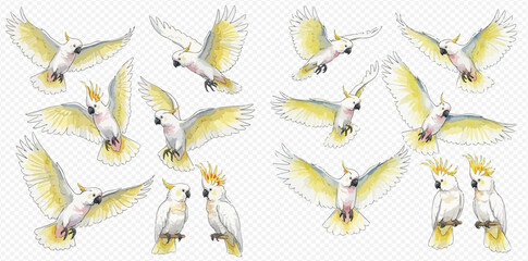 Watercolor painting of cockatoos in various poses, some flying, some perched. © studio