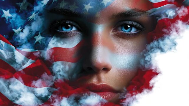 Patriotic woman with American flag overlay and blue eyes
