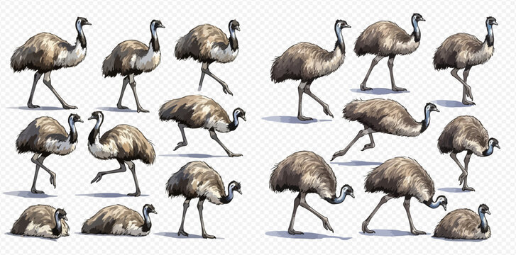 A collection of emu illustrations in various poses, showcasing the bird's unique features and movements.