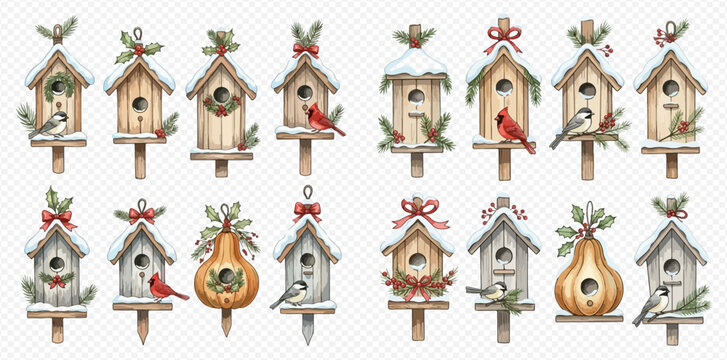 A collection of whimsical birdhouses decorated for the winter season, each with unique designs and festive embellishments.