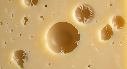 Close-up of textured Swiss cheese with irregular holes and smooth surface