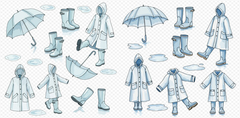 Illustration of rain gear including umbrellas, raincoats, and boots on a transparent background.