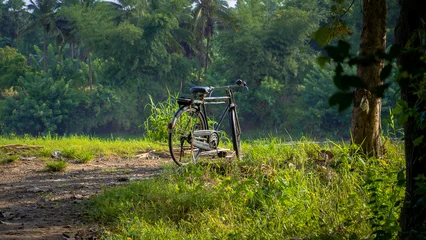 Selbstklebende Fototapeten Fahrrad A vintage bicycle parked on a muddy village path surrounded by lush green trees and vegetation on a calm morning in rural Kerala.  © TheBlueBoat