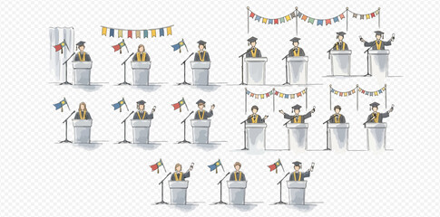 Illustration of graduation speakers at podiums with flags and bunting.