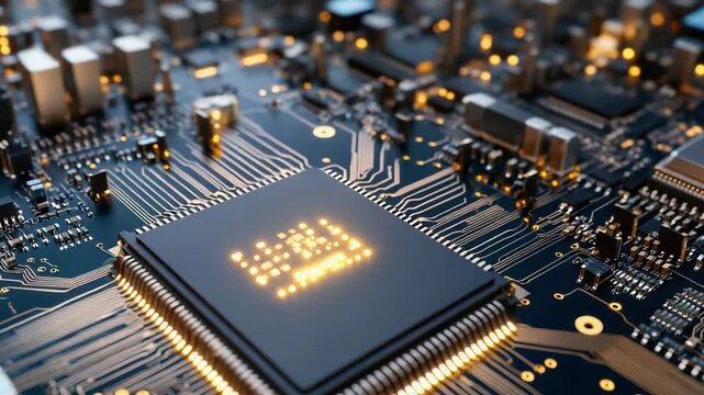 High Tech Microprocessor Circuit Board with Glowing Electronics and Intricate Hardware Technology