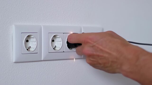 A hand plugging a black plug into a white wall outlet.  Two other outlets are empty