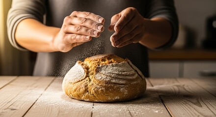 Baker dusting flour on freshly baked rustic bread loaf on wooden table
