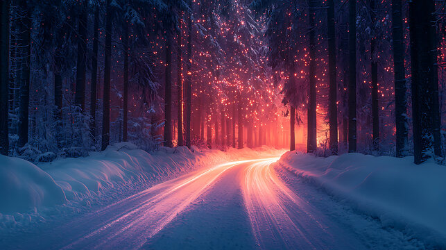 Magical glowing path through a dark snowy forest at twilight with vibrant light streaks