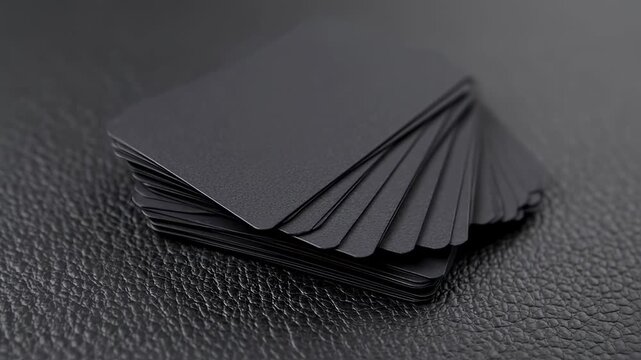 A stack of matte black cards fanned out slightly on textured black surface. Focus on the cards