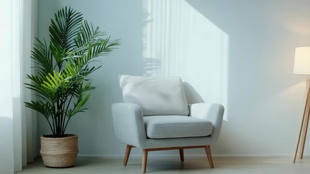 Cozy modern living space featuring armchair, indoor plant, and stylish lamp for serene atmosphere