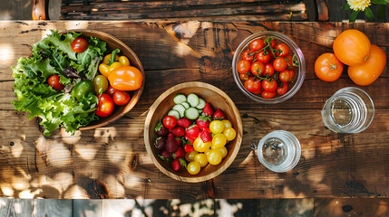Fresh garden salad and colorful cherry tomatoes prepared for a healthy summer meal
