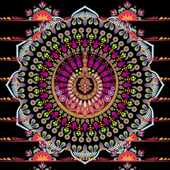 Vibrant Neon Paisley and Floral Mandala Art - 1