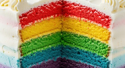 Brightly colored rainbow cake with creamy frosting, a festive treat for celebrations.
