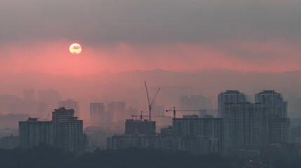 Sunlight piercing through a pollution haze, creating warm rays diffused by smog. A striking environmental scene symbolizing urban air quality, climate awareness, and the contrast between nature and hu