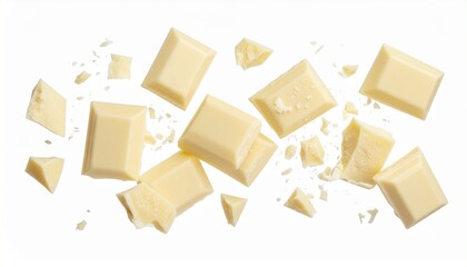 Delicious Pieces of White Chocolate on White Background, Top View, Isolated