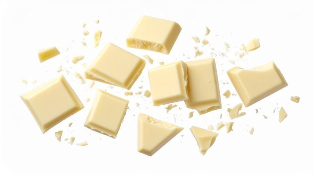 Delicious pieces of a broken white chocolate bar with crumbs scattered on a plain white background, isolated top view