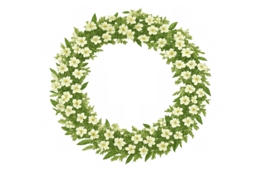 White flower wreath forming a circular frame for weddings, funerals, spring and summer events