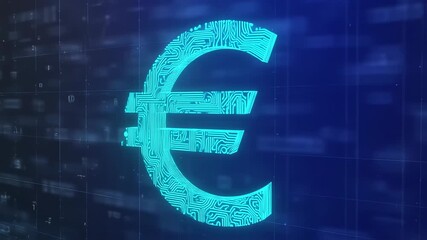 A glowing, circuit board-like euro symbol against a dark blue, grid-like background - Powered by Adobe