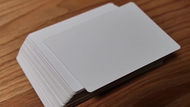 A stack of blank, white rectangular cards on a wooden surface, showcasing clean edges and smooth texture