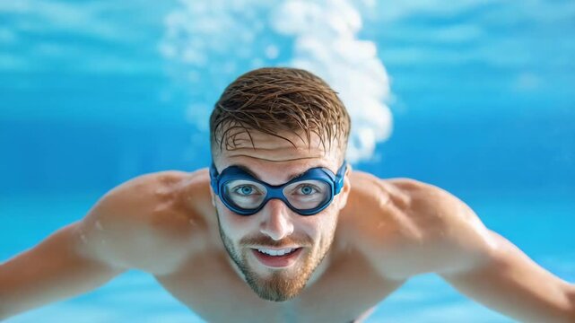 Active male swimmer underwater with goggles, showcasing fitness and joy in aquatic sport experience