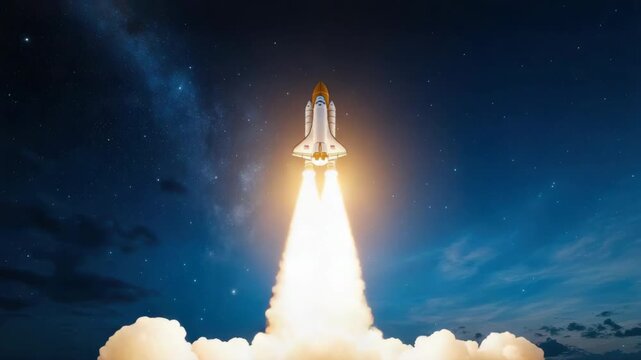 Rocket Launch Ignites Adventure Through Clouds Under Starry Night Sky