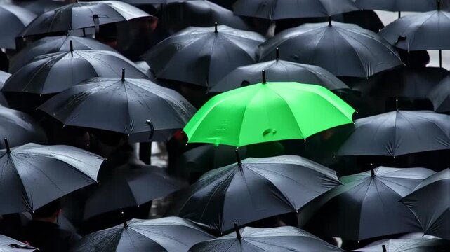 A vibrant green umbrella stands out amidst many black umbrellas, in a rainy setting, among people