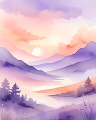 Fototapeta premium Dreamy watercolor landscape painting of mountains and a river at sunset, with soft purple, pink, and orange hues creating a serene atmosphere.