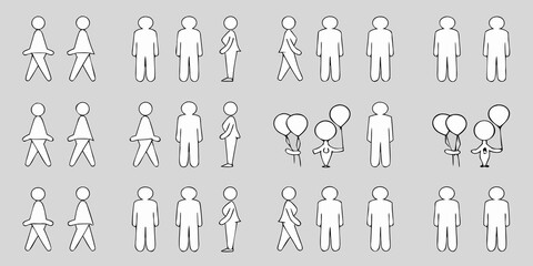 Collection of simple stick figure people in various poses and with balloons on a gray background