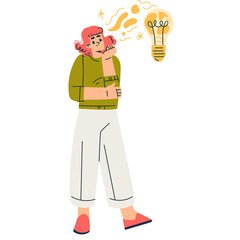 Illustration of a Woman Thinking Hard With a Bright Idea Light Bulb Glowing Above Her Head Representing Innovation and Creativity