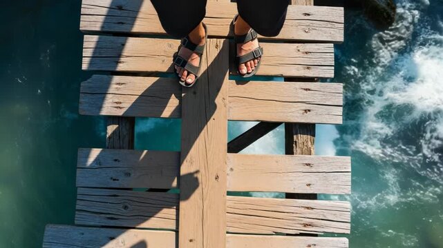 Person standing on a wooden bridge over turquoise water