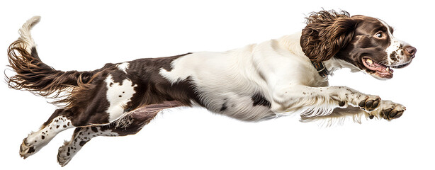 English Springer Spaniel in attentive hunting posture, ready for action, isolated on pure white, perfect for showcasing the breed’s working dog traits and alert demeanor.