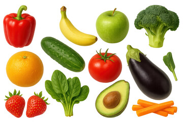 Fresh fruits and vegetables offering healthy eating choices, nutrition, and a balanced diet on transparent background