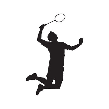 Badminton player silhouette in action, jumping to smash the shuttlecock. Vector graphic of an athlete in a sports game, isolated on a white background.
