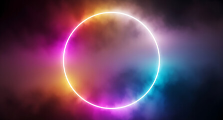 Neon glowing circle with colorful smoke and futuristic light aura