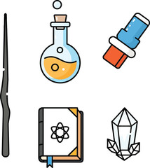 Minimalist magic and fantasy item icons featuring wands, potions, spellbooks, crystals, and mystical artifacts in flat modern vector style