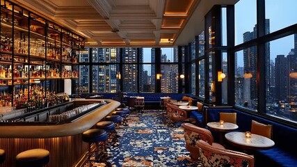 Upscale bar with panoramic city views offers luxurious seating and a well-stocked bar.