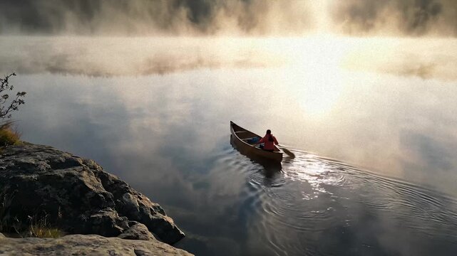 Person Canoeing on Calm Lake With Foggy Morning Sunrise Scenery